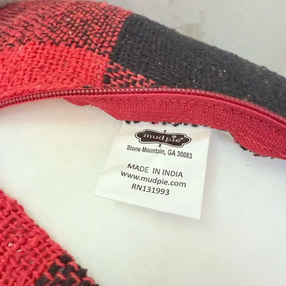 MudPie Get Cozy Red Black Buffalo Plaid Burlap Oatmeal Wool Long Accent Pillow
